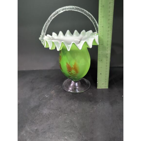 Bohemian Art Glass Footed Green Basket, Ruffled Edge, Hand Blown, Twisted Handle - Picture 8 of 10